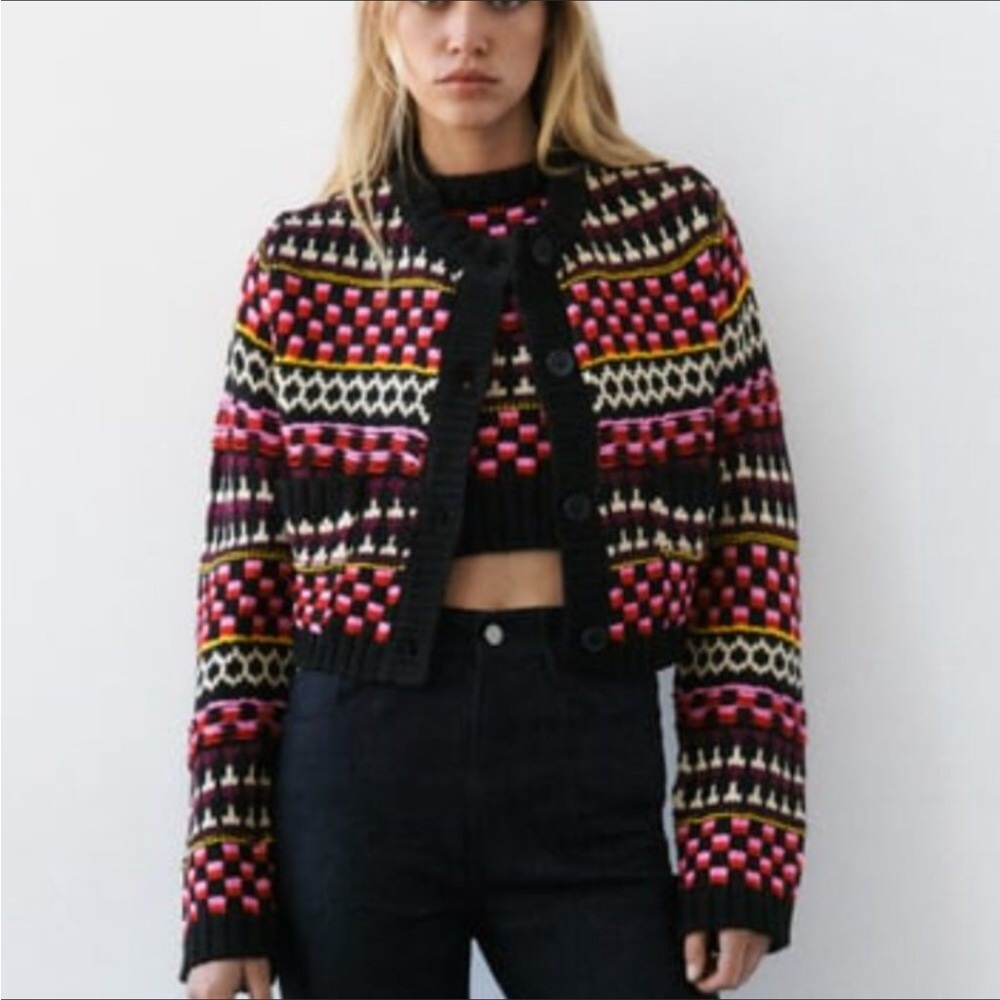 Zara multi color knit crop cardigan sweater
